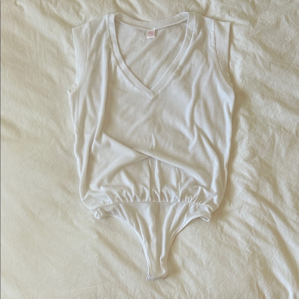 Only Hearts Ribbed Sleeveless V-Neck Oversized Bodysuit White